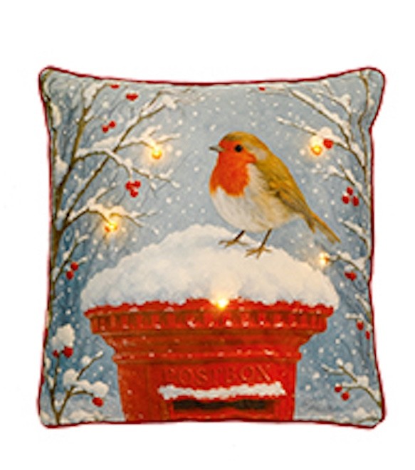 Large Winter Robin PostBox Christmas Festive LED Light Up Cushion & Insert 45cm