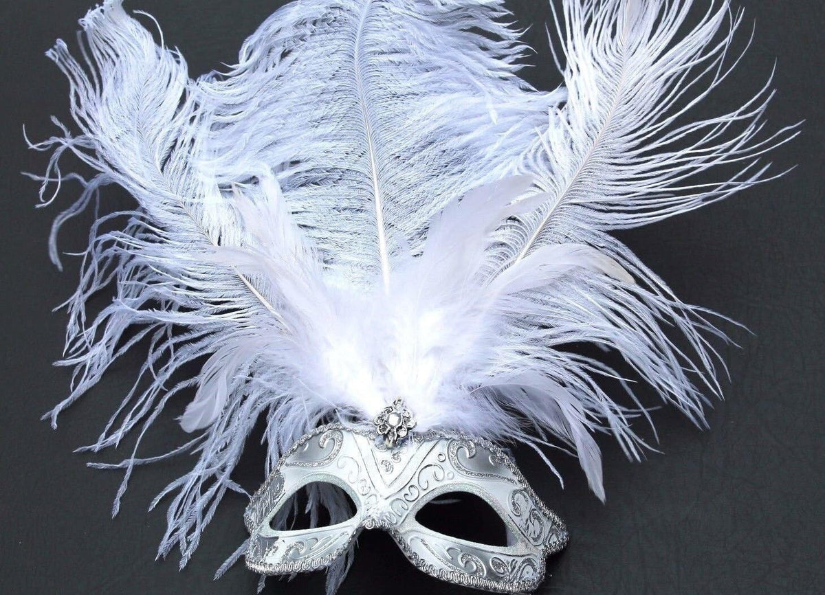 WHITE SILVER VENETIAN MASQUERADE PARTY CARNIVAL BALL EYE FEATHER MASK HAND HELD