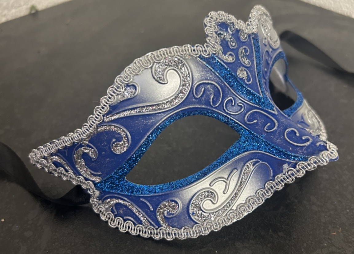 LADIES SILVER & BLUE VENETIAN CARNIVAL MASQUERADE PARTY EYE BALL MASK RIBBON TIE