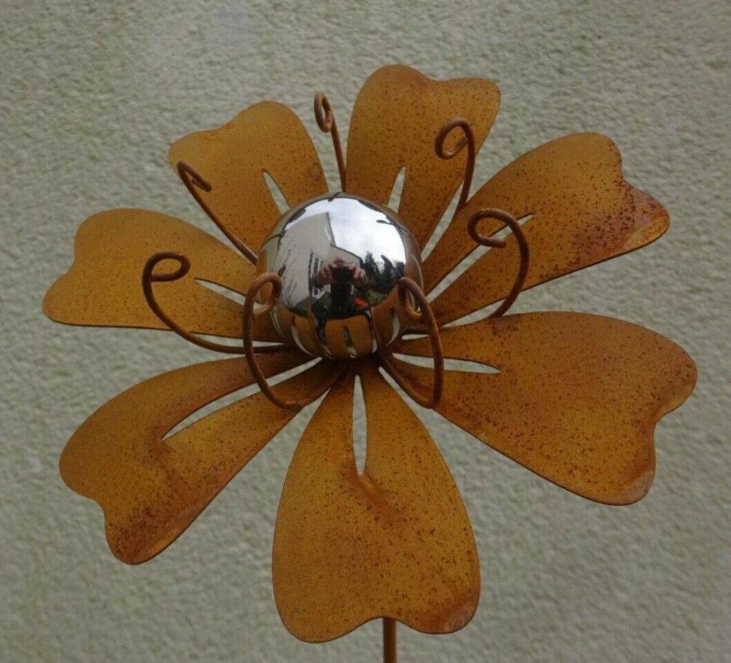 Rusty Patina Metal Flower Lily Garden Stake with Stamens & Silver Ball 1m  Tall
