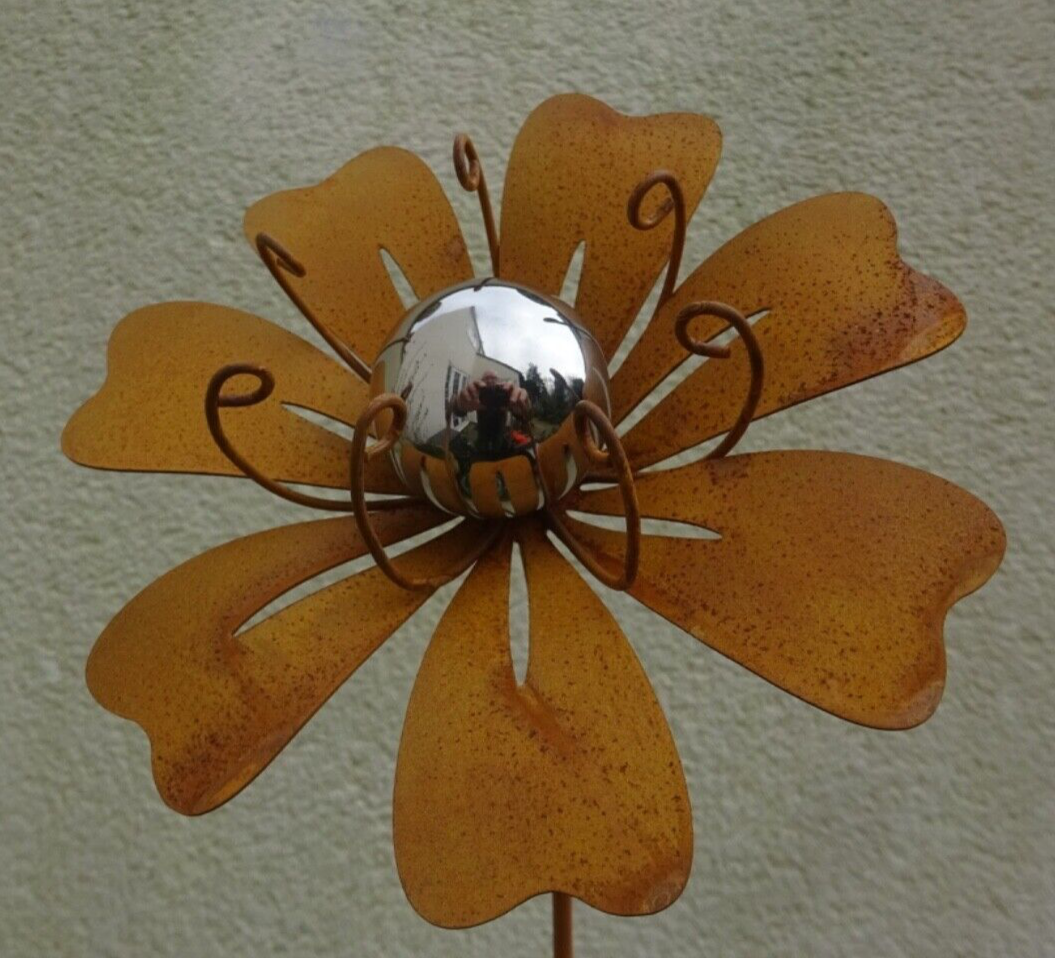 Rusty Patina Metal Flower Lily Garden Stake with Stamens & Silver Ball 1m  Tall