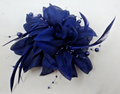 Navy Blue Corsage Brooch Fascinator Fabric Petals with Long Slim Fine Feathers