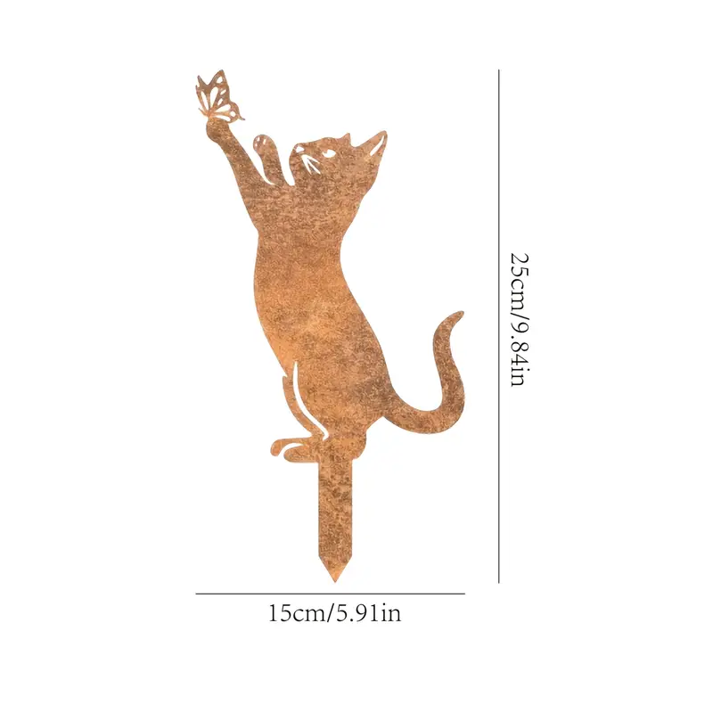 Core-Ten Rusty Cat Kitten Butterfly Garden Ornament Figurine 25cm Long 15cm Deep