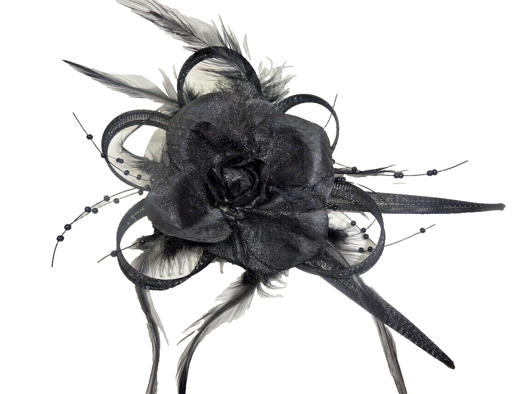 Hair Fascinator Black Feathers Looped Net Fabric & Rose Flower on a Clear Comb