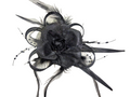 Hair Fascinator Black Feathers Looped Net Fabric & Rose Flower on a Clear Comb