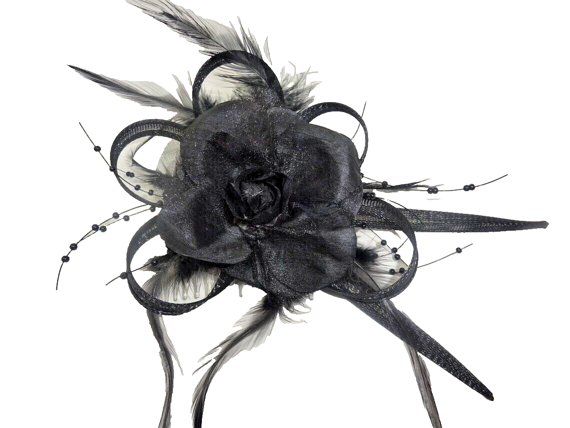 Hair Fascinator Black Feathers Looped Net Fabric & Rose Flower on a Clear Comb