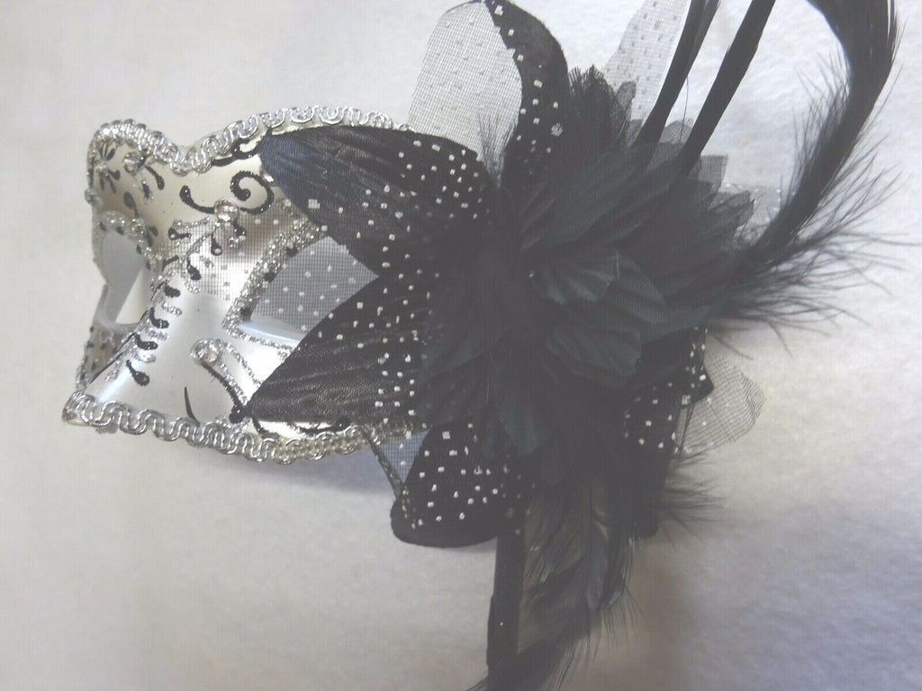 BLACK & SILVER WITH FLOWER & STICK VENETIAN CARNIVAL BALL MASQUERADE PARTY MASK