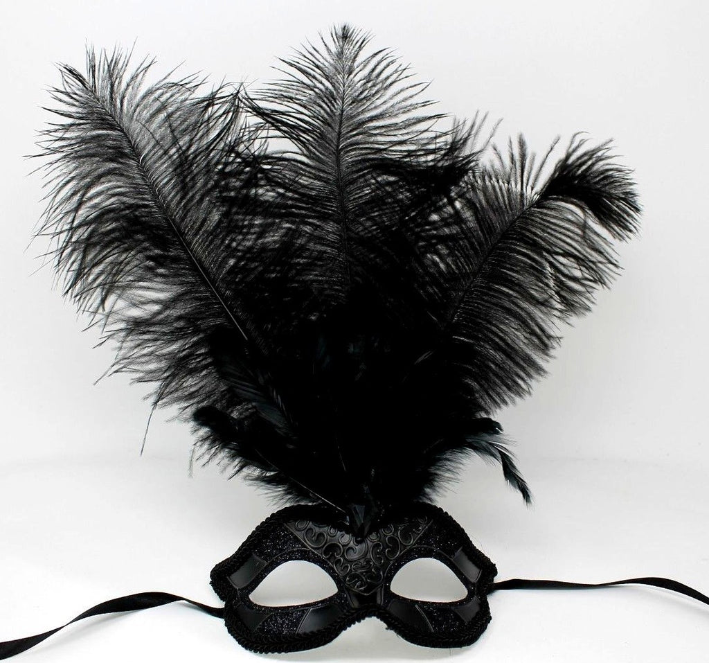 ALL BLACK FEATHER MASK VENETIAN MASQUERADE BALL CARNIVAL PARTY FACE EYE MASK