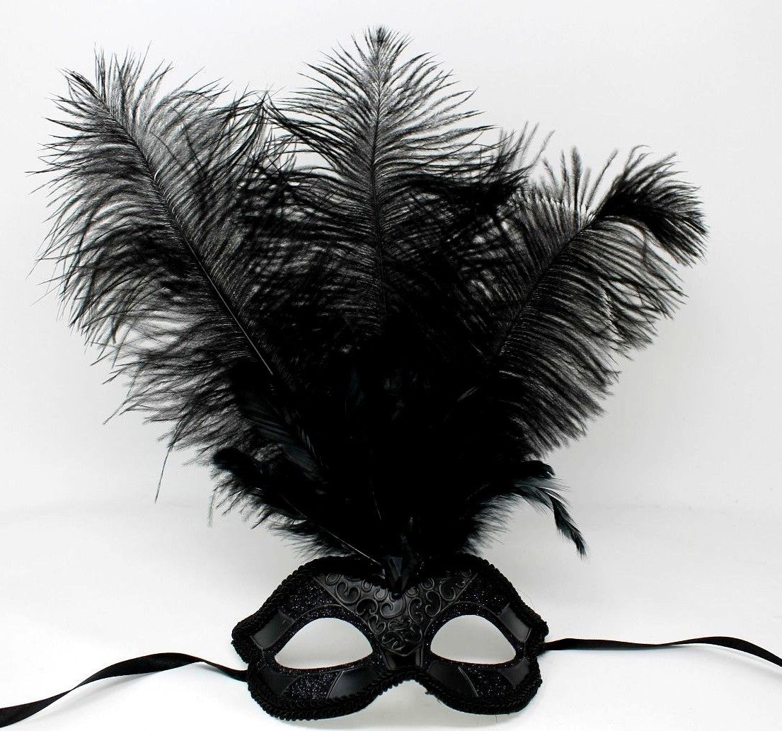 ALL BLACK FEATHER MASK VENETIAN MASQUERADE BALL CARNIVAL PARTY FACE EYE MASK