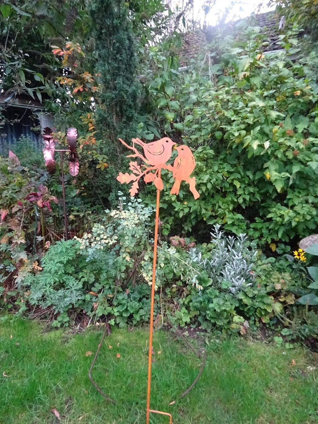 Core-Ten Rusty Two Robins on a Twig on a Long Stake Garden Ornament 1 metre High