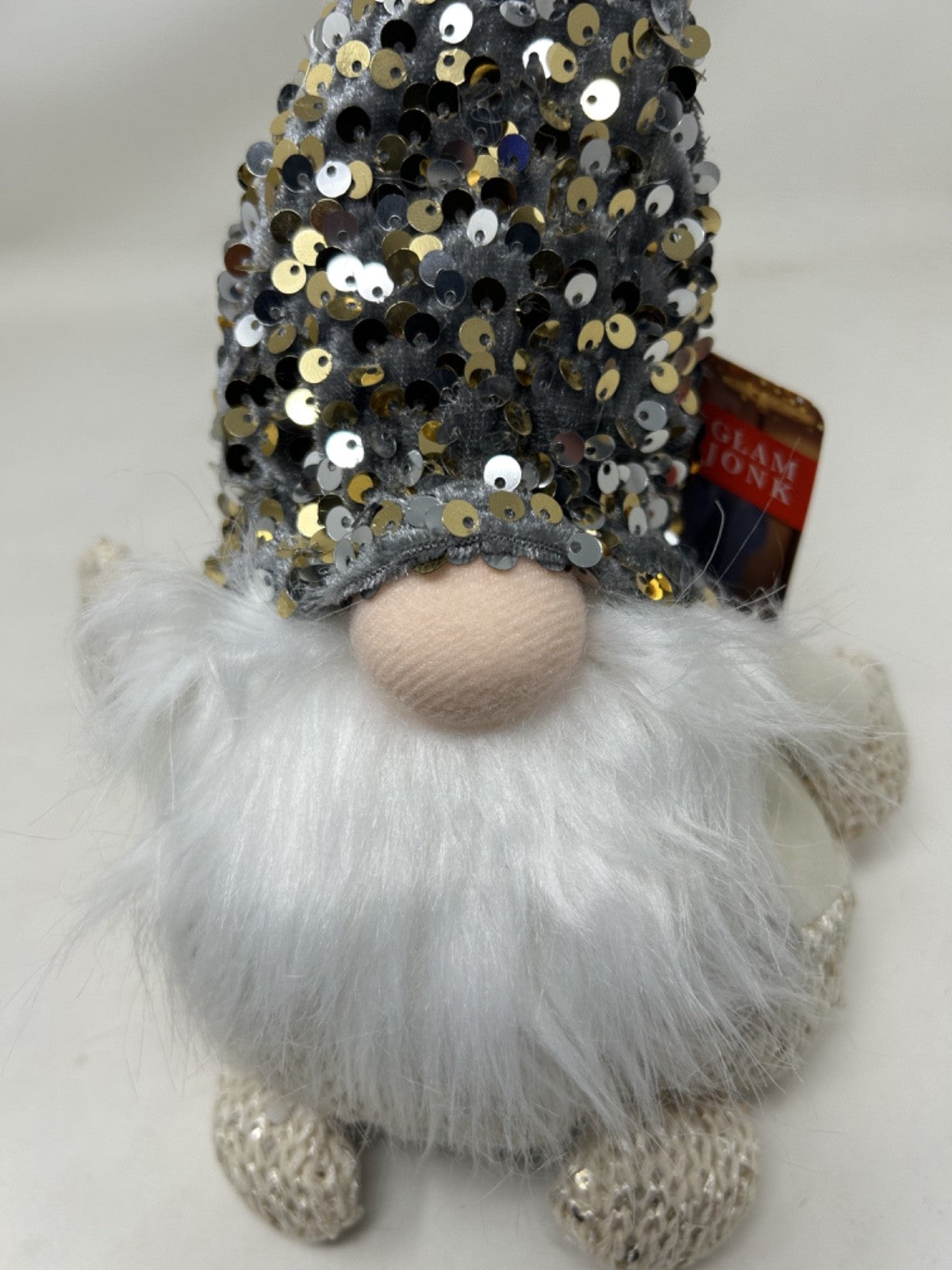 Christmas Freestanding Cream GlamJonk Gonk Nordic Gnome Sequin Long Hat 30cm