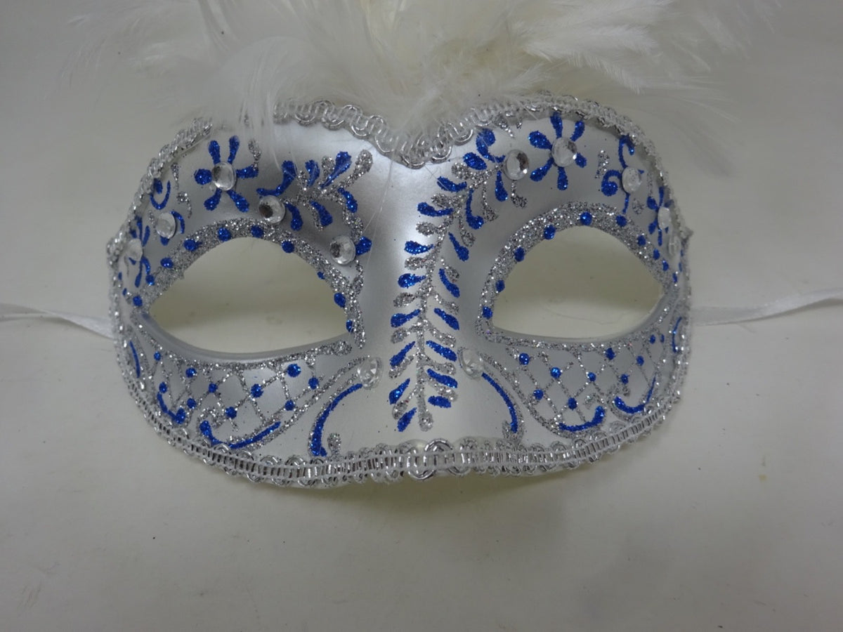 FEATHER MASK BLUE & SILVER VENETIAN MASQUERADE BALL CARNIVAL PARTY FACE EYE MASK