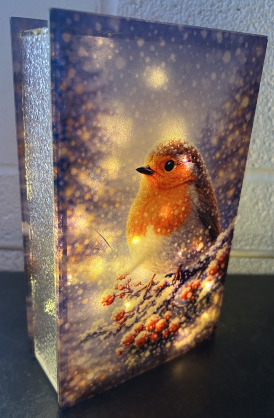 Glass Flashing or Static LEDs Robin Christmas Decoration 21cm Tall Double Sided
