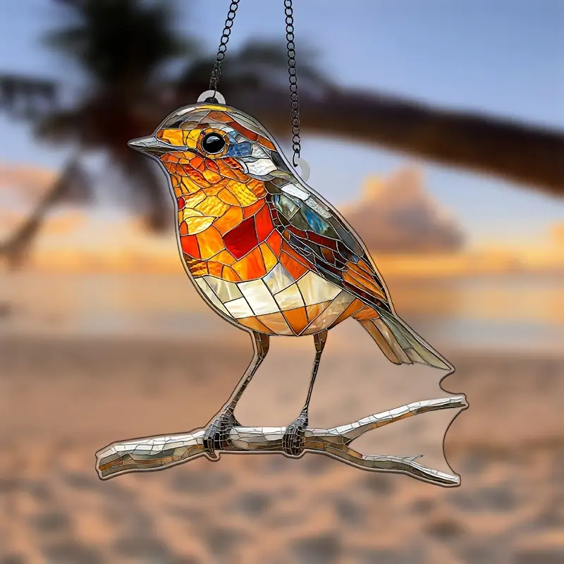 Acrylic Hanging Garden Suncatcher Robin on Branch 20cm Tall on a Metal Chain