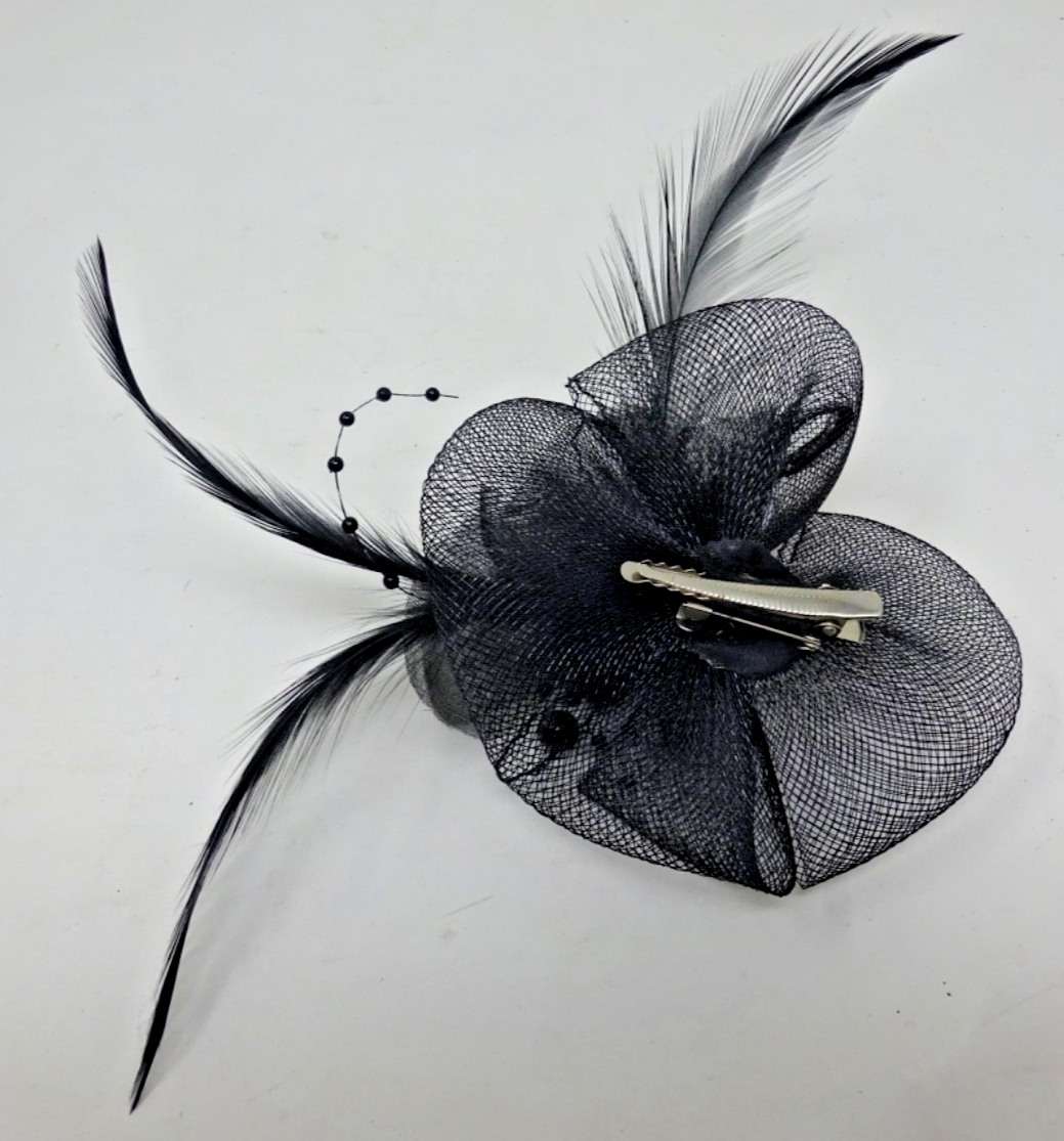 Hair Fascinator Corsage &Brooch Black Slim Feathers Net Petals Centre Diamonte
