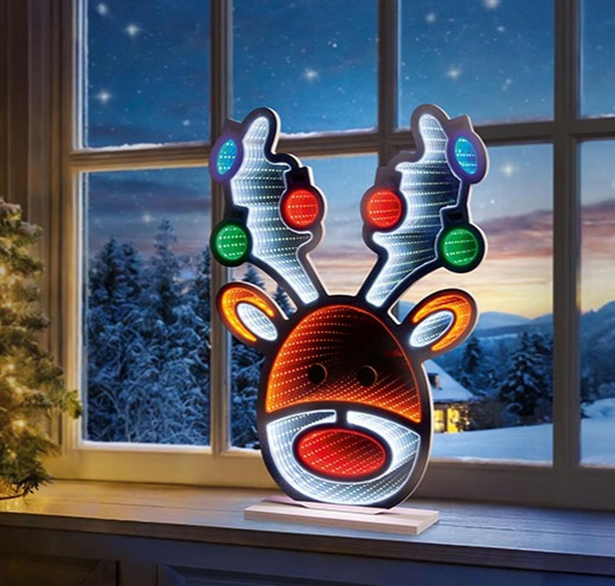 Christmas Stag Head Reindeer Infinity LED Mirror Tunnel Light 3D Decoration 60cm