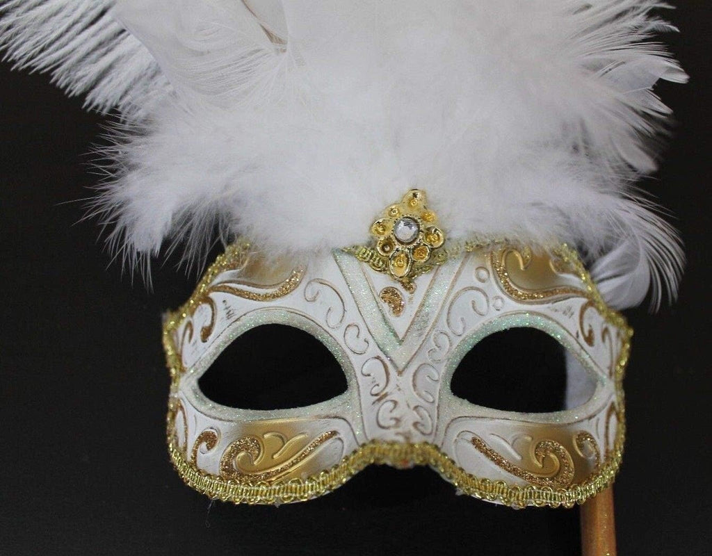 WHITE & GOLD VENETIAN MASQUERADE PARTY CARNIVAL BALL EYE FEATHER MASK HAND HELD