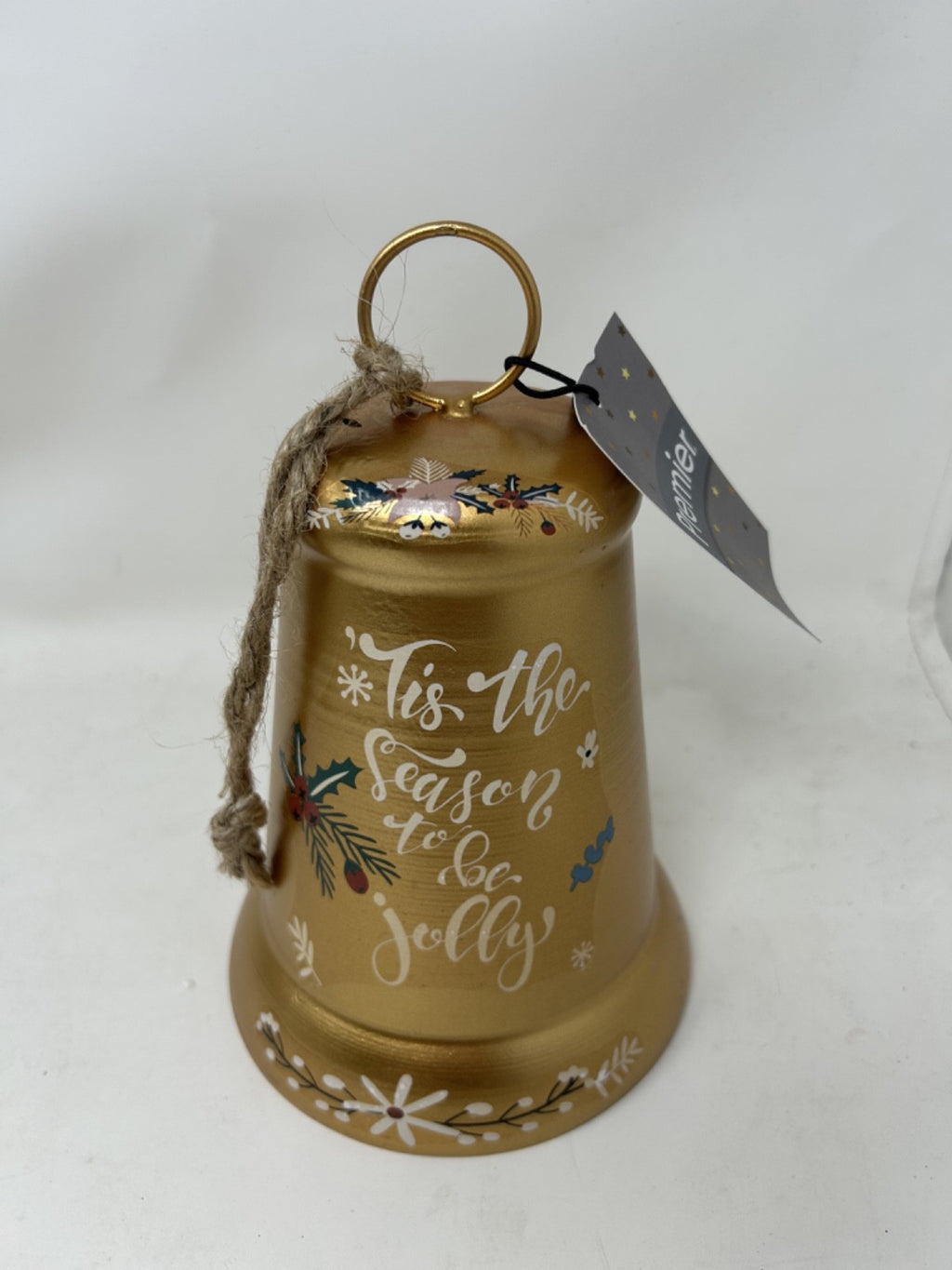 Gold Metal Bell Christmas Decoration 'Tis the Season to be Jolly' Message 19cm