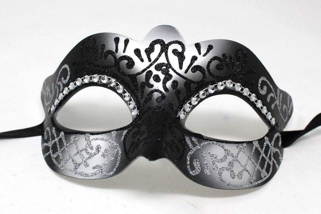 SILVER & BLACK VENETIAN MASQUERADE PARTY CARNIVAL EYE PROM BALL MASK & DIAMONTES