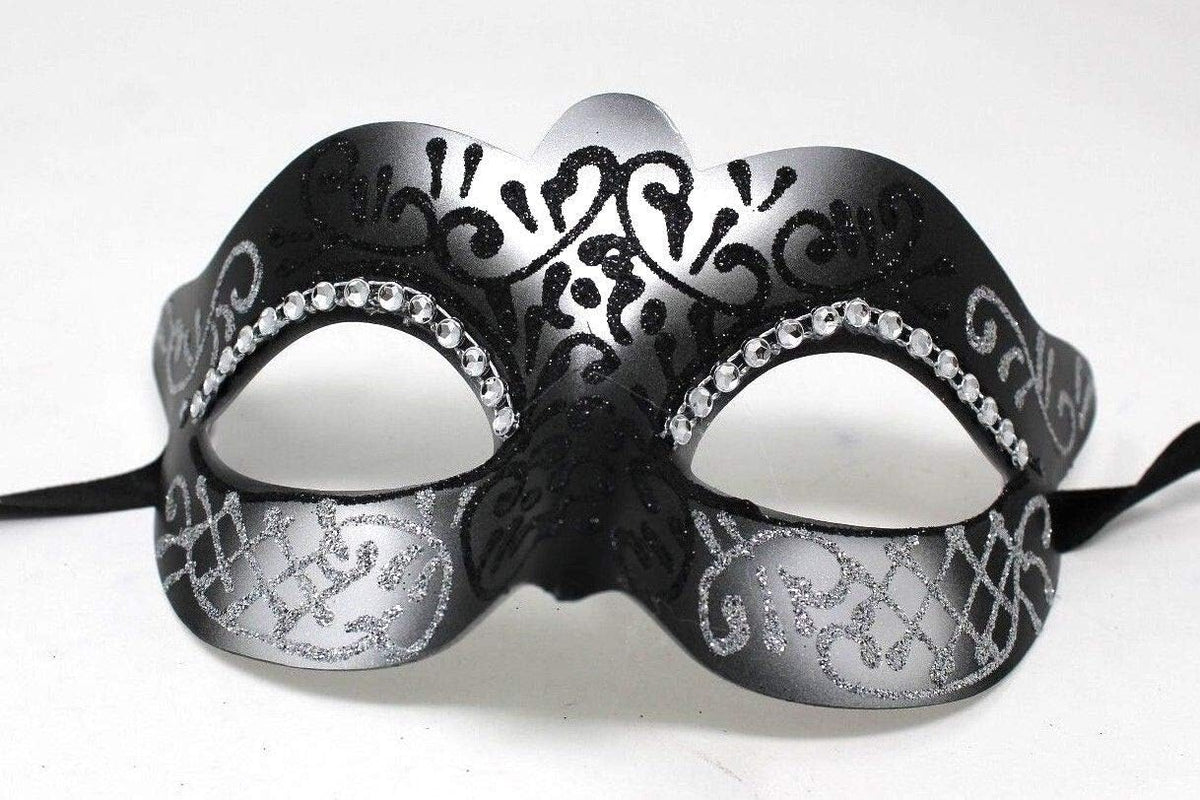 SILVER & BLACK VENETIAN MASQUERADE PARTY CARNIVAL EYE PROM BALL MASK & DIAMONTES