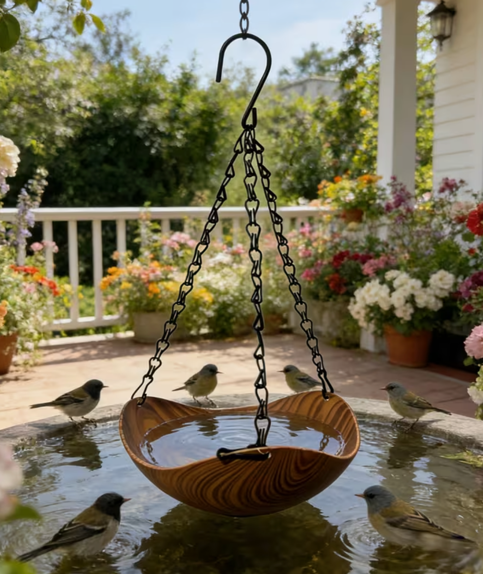 Dark Wood Grain Bird Bath Garden Ornament 35cm Hanging Depth & Cleaning Brush