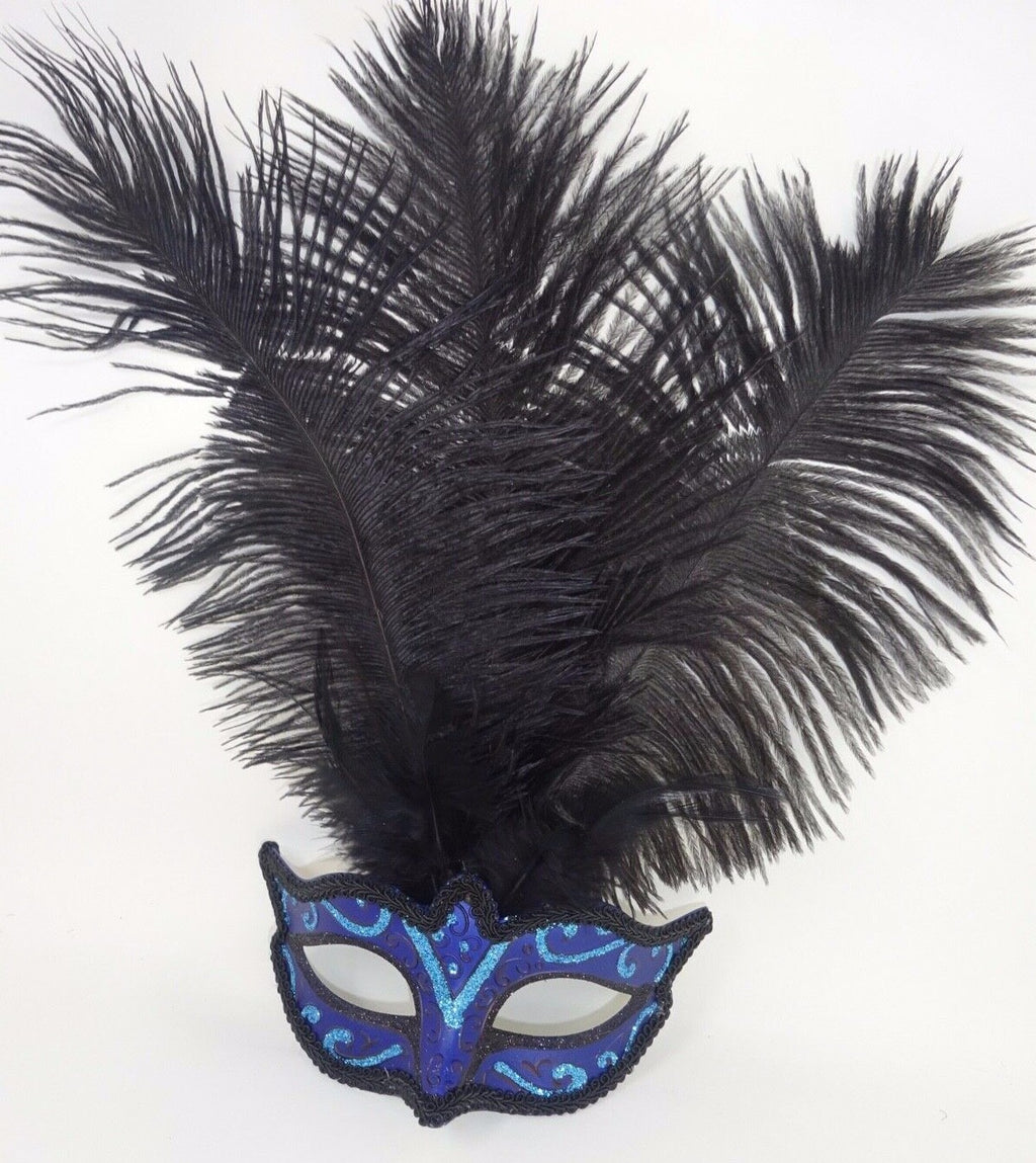 BLUE BLACK TURQUOISE VENETIAN MASQUERADE CARNIVAL BALL PARTY EYE FEATHER MASK