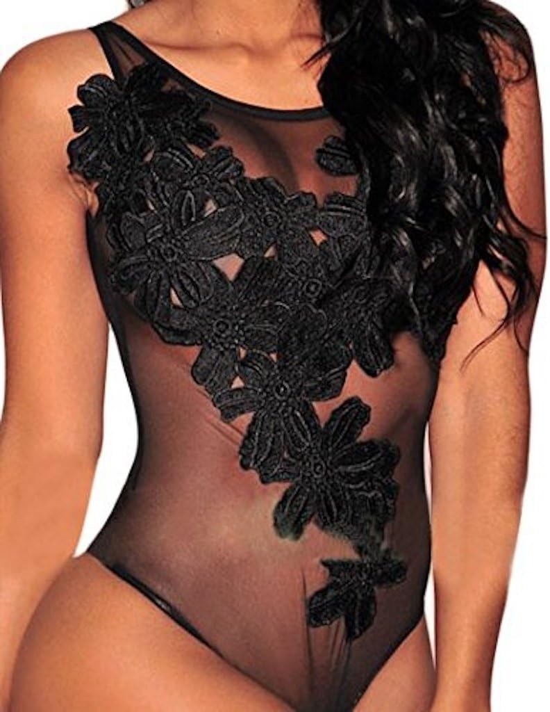 Elegant Black Sheer Transparent Fabric & Embroidered Leotard Bodysuit Size 10-12