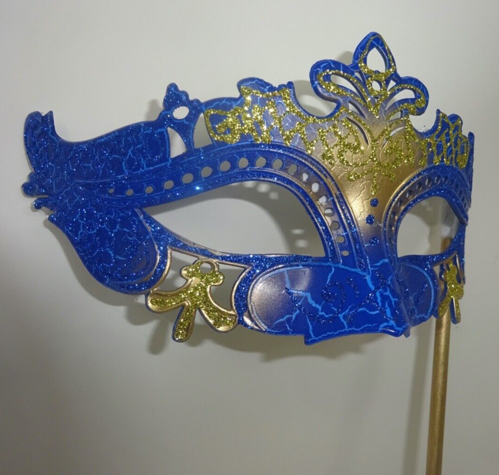 GOLD & BLUE VENETIAN MASQUERADE PARTY CARNIVAL BALL MASK ON A HAND HELD STICK