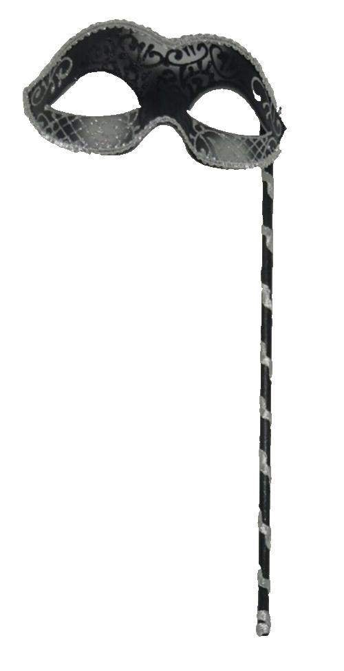 BLACK & SILVER VENETIAN MASQUERADE PARTY CARNIVAL BALL EYE MASK ON A STICK