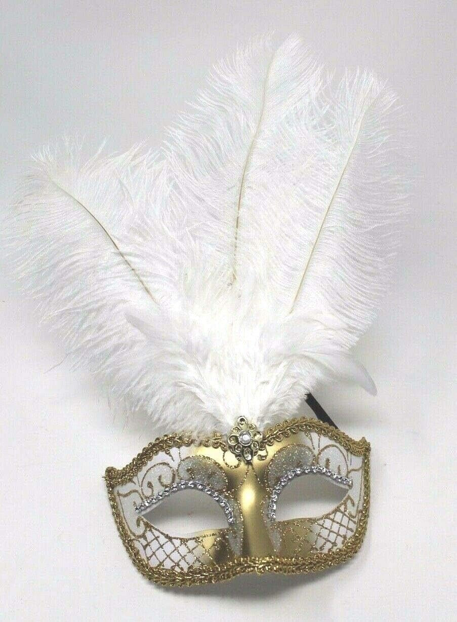 LADIES WHITE & GOLD VENETIAN MASQUERADE PARTY CARNIVAL BALL EYE FEATHER MASK