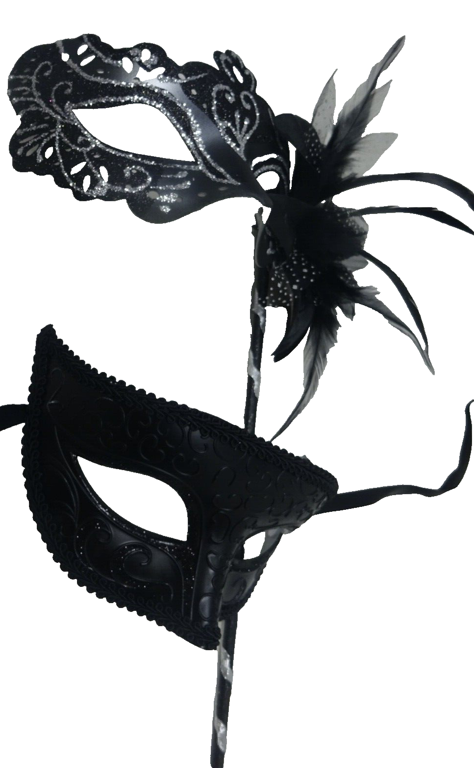 COUPLES SILVER & BLACK VENETIAN MASQUERADE PARTY CARNIVAL EYE BALL MASK ON STICK