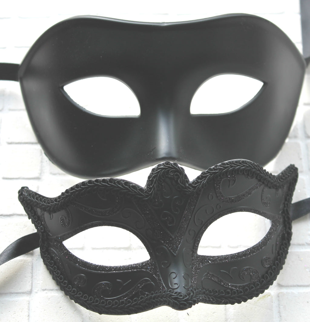 HIS N HERS PAIR COUPLES MIDNIGHT BLACK VENETIAN MASQUERADE PARTY EYE MASKS