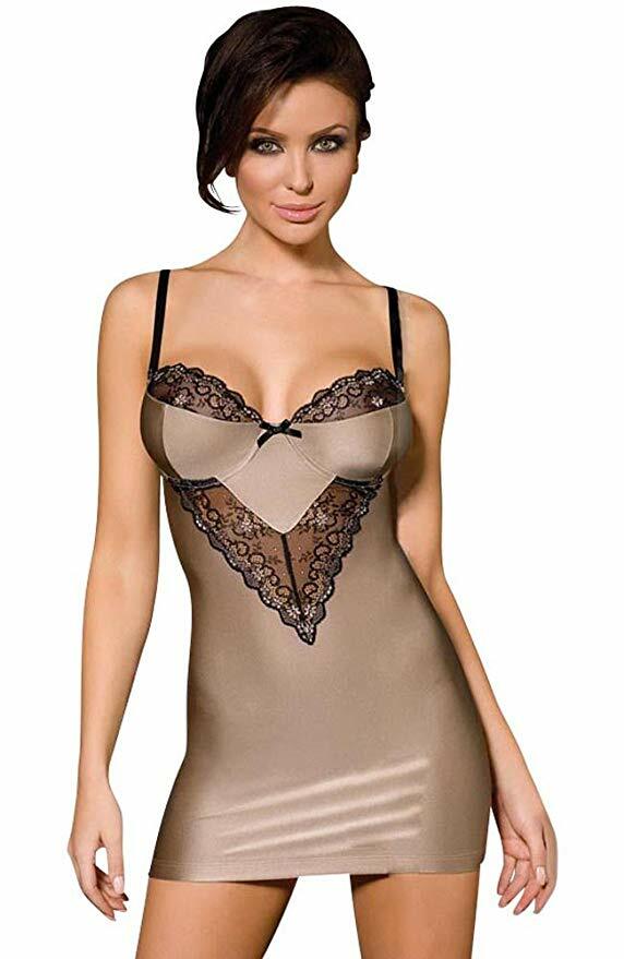 Stunning Womens Sexy Faux Leather Brown Babydoll Chemise Negligee & Thong Size 8