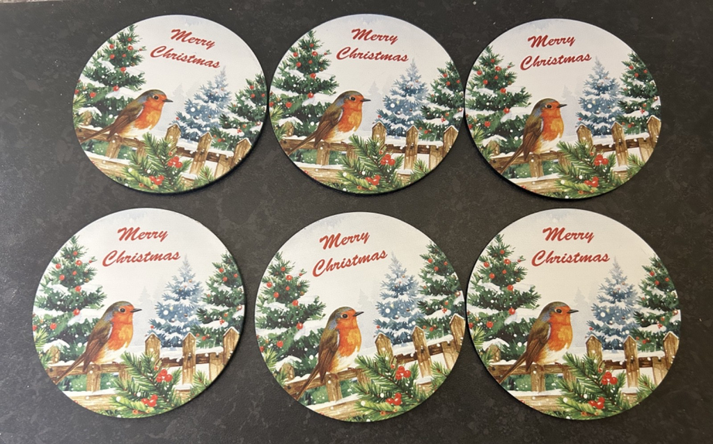Merry Christmas Festive Set of 6 Robin Melamine Coasters in Red Holder 11cm  Dia