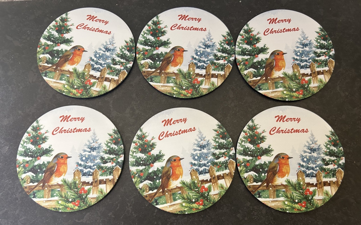 Merry Christmas Festive Set of 6 Robin Melamine Coasters in Red Holder 11cm  Dia
