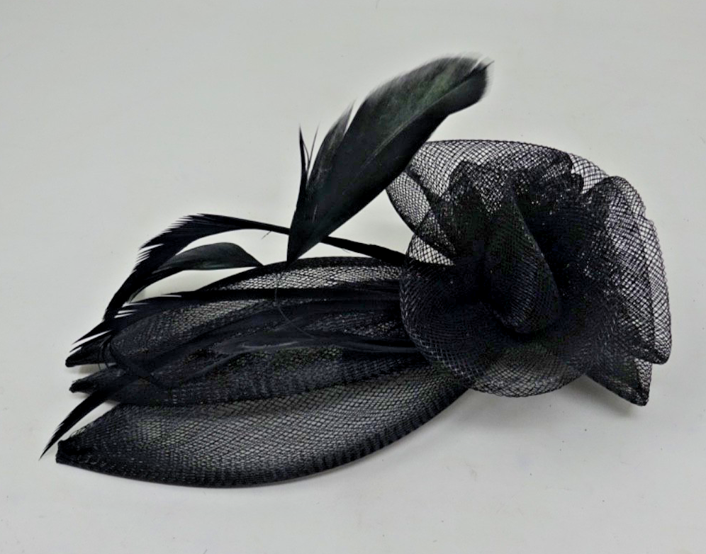 Hair Fascinator on a Clear Comb Black Feathers Stiffened Net Fabric Petals 19cm