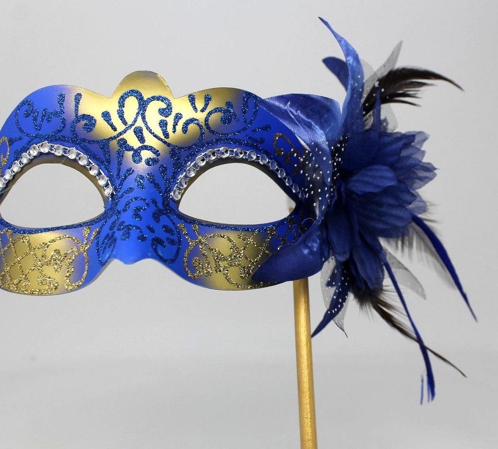 STUNNING BLUE & GOLD VENETIAN MASQUERADE PARTY EYE MASK ON A HAND HELD STICK