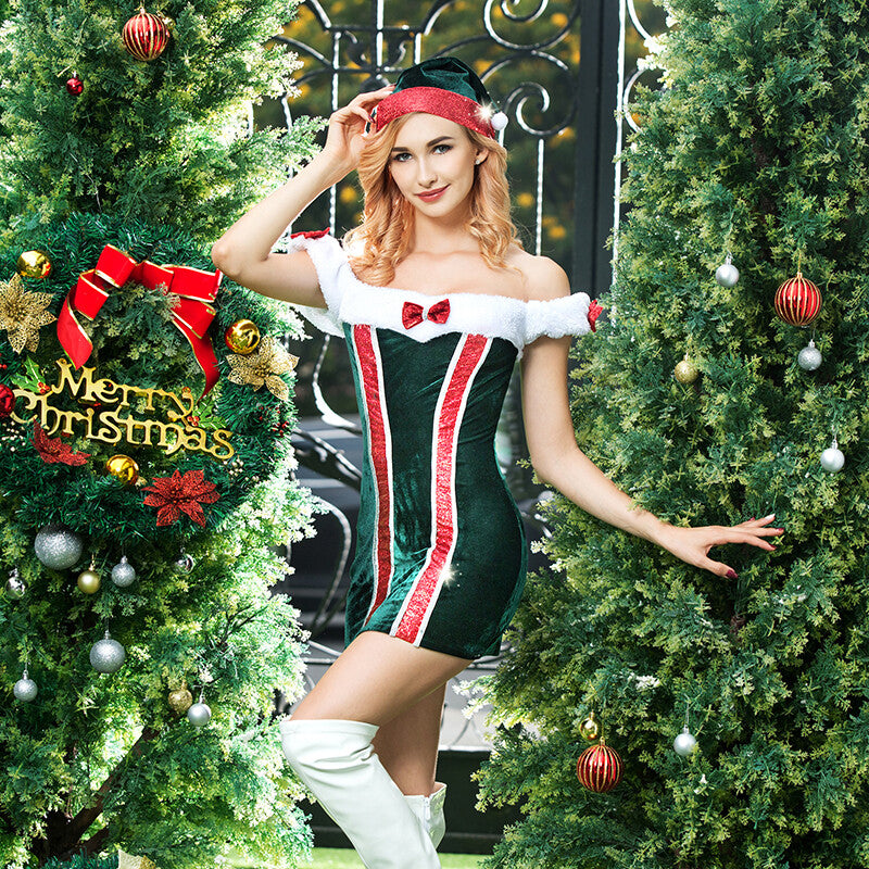 Ladies Santa Mrs Christmas Elf Costume Outfit Velour Dress Hat & Thong 10-12