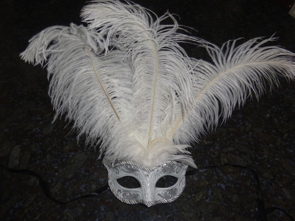 LADIES WHITE & SILVER VENETIAN MASQUERADE PARTY CARNIVAL BALL EYE FEATHER MASK