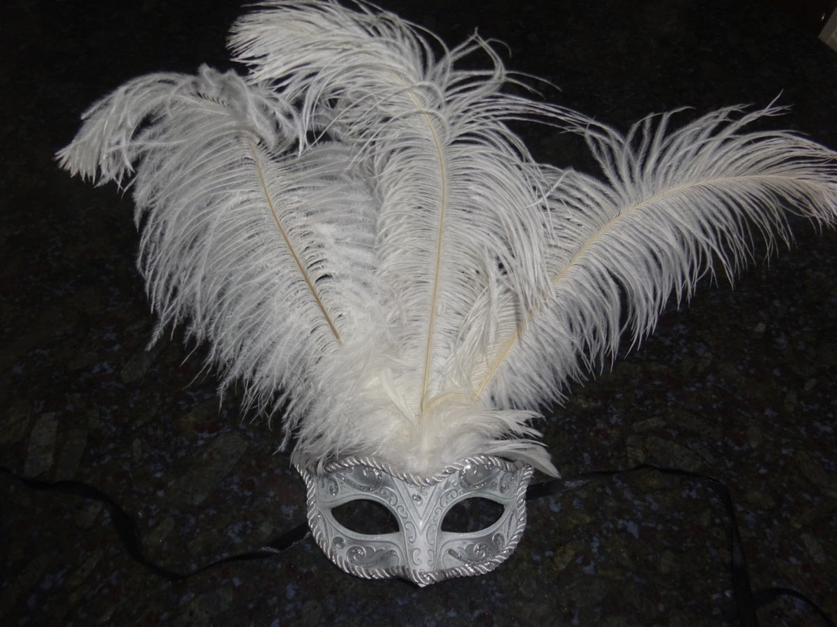 LADIES WHITE & SILVER VENETIAN MASQUERADE PARTY CARNIVAL BALL EYE FEATHER MASK