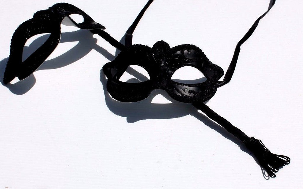 HIS N HERS TWO BLACK VENETIAN MASQUERADE PARTY EYE MASKS LADIES MASK ON STICK