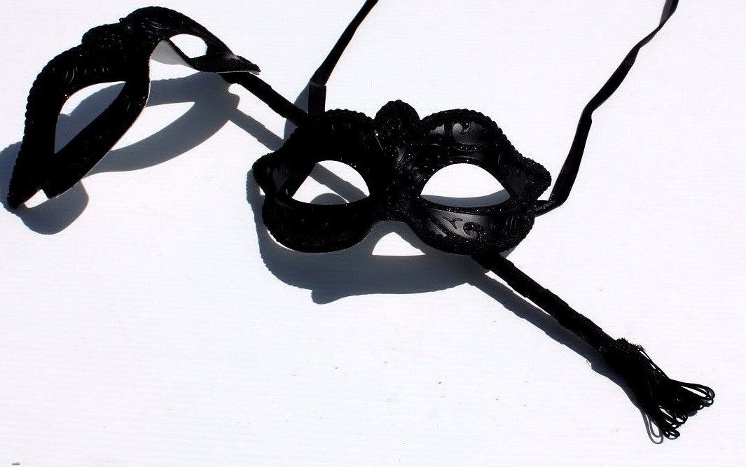 HIS N HERS TWO BLACK VENETIAN MASQUERADE PARTY EYE MASKS LADIES MASK ON STICK