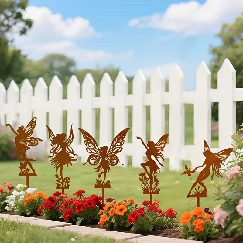 5 x Rust Effect Acrylic Fairies Silhouettes Each is 20cm Tall Garden Decoration