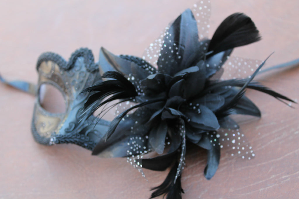 LADIES MIDNIGHT BLACK WITH FLOWER STUNNING VENETIAN MASQUERADE PARTY EYE MASK