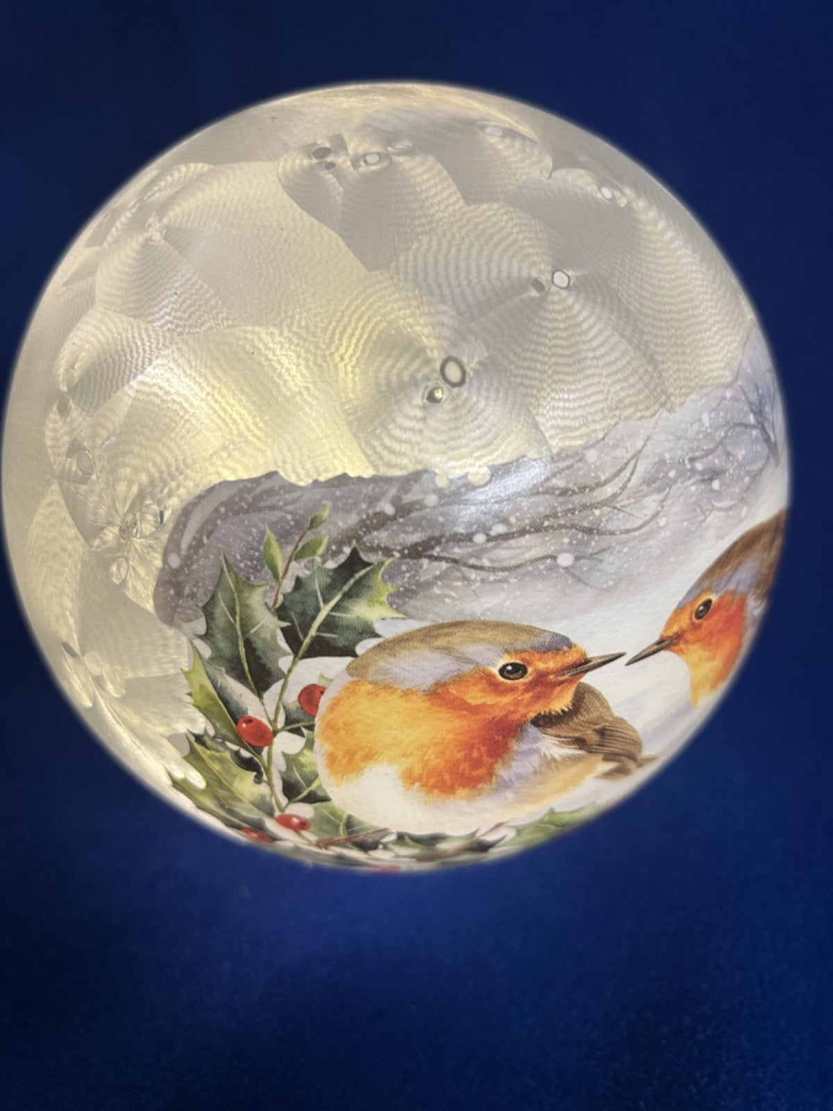 Christmas Festive 2 Robins with Holly LED Light up Frosted Glass Globe 15cm Dia