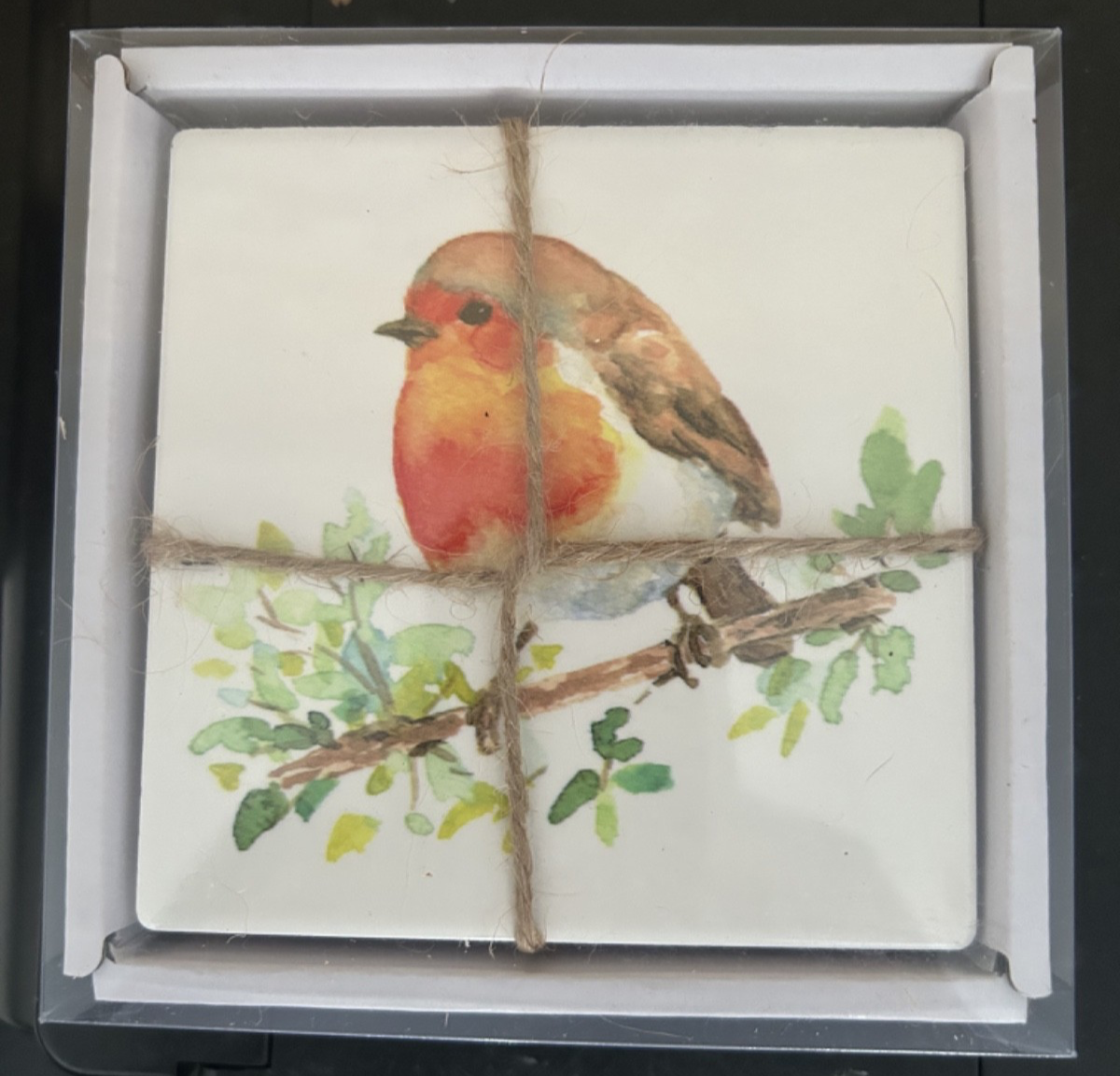 Christmas Festive Set of 4 Robin Fine China Coasters in Gift Box 10cm Square