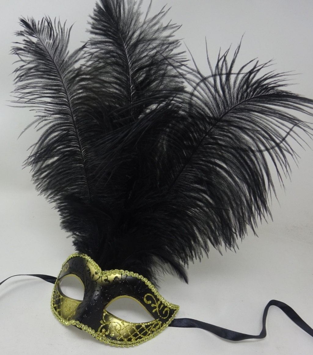 Black & Gold Long Feather Venetian Masquerade Carnival Party Ball Prom Eye Mask