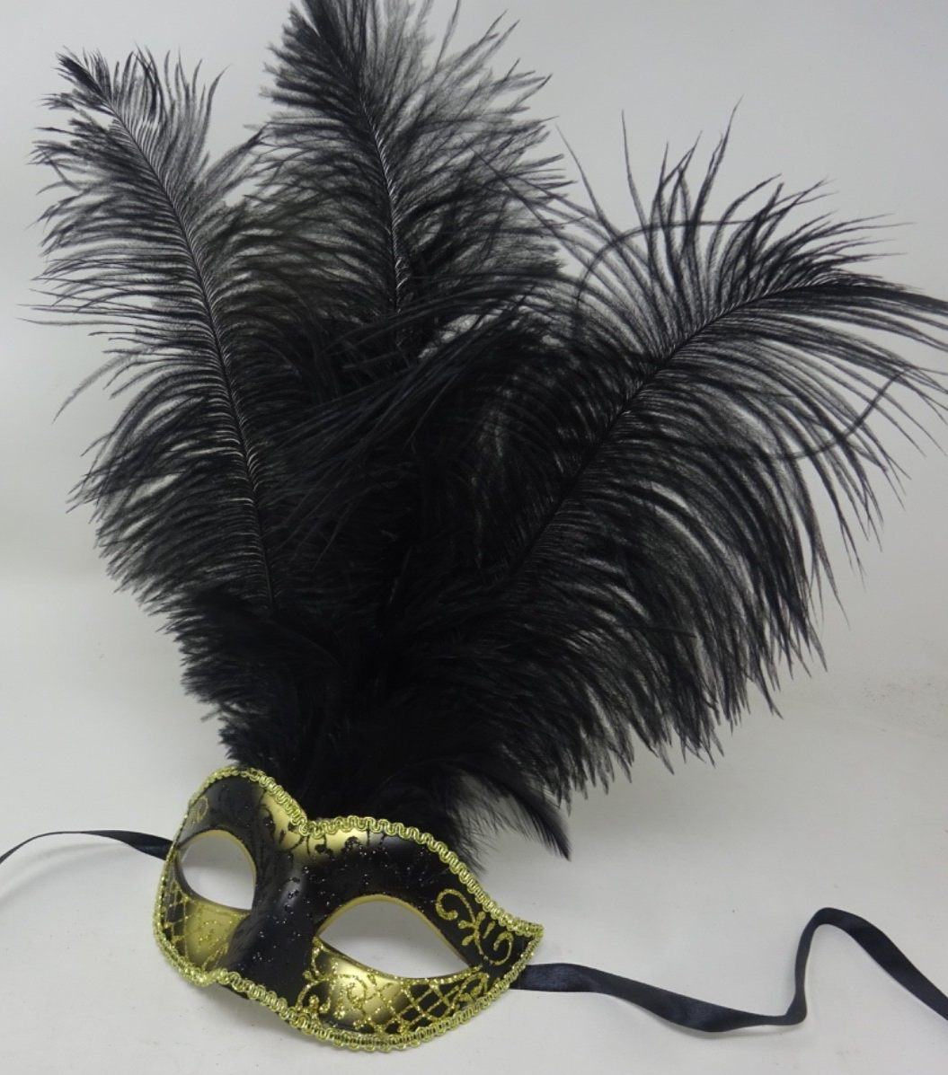 Black & Gold Long Feather Venetian Masquerade Carnival Party Ball Prom Eye Mask
