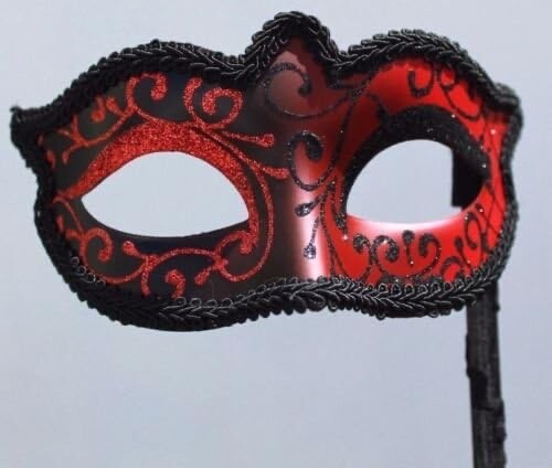 STUNNING BLACK & RED VENETIAN MASQUERADE PARTY BALL CARNIVAL MASK ON A STICK