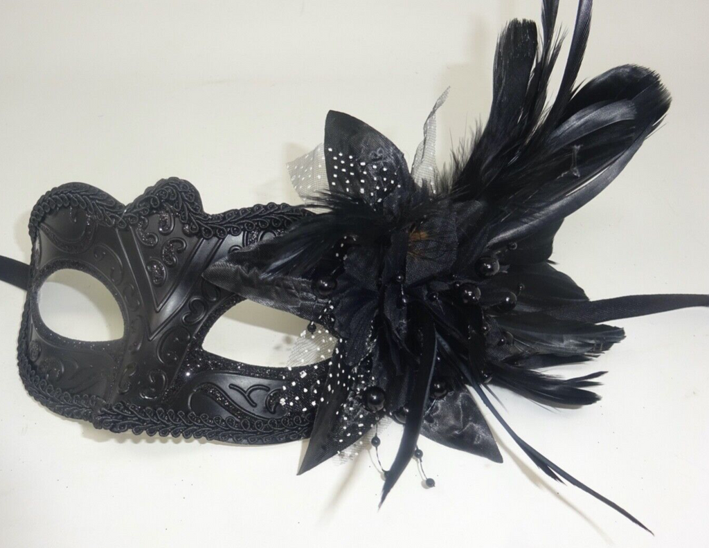 LADIES MIDNIGHT BLACK WITH ELABORATE FLOWER VENETIAN MASQUERADE PARTY EYE MASK